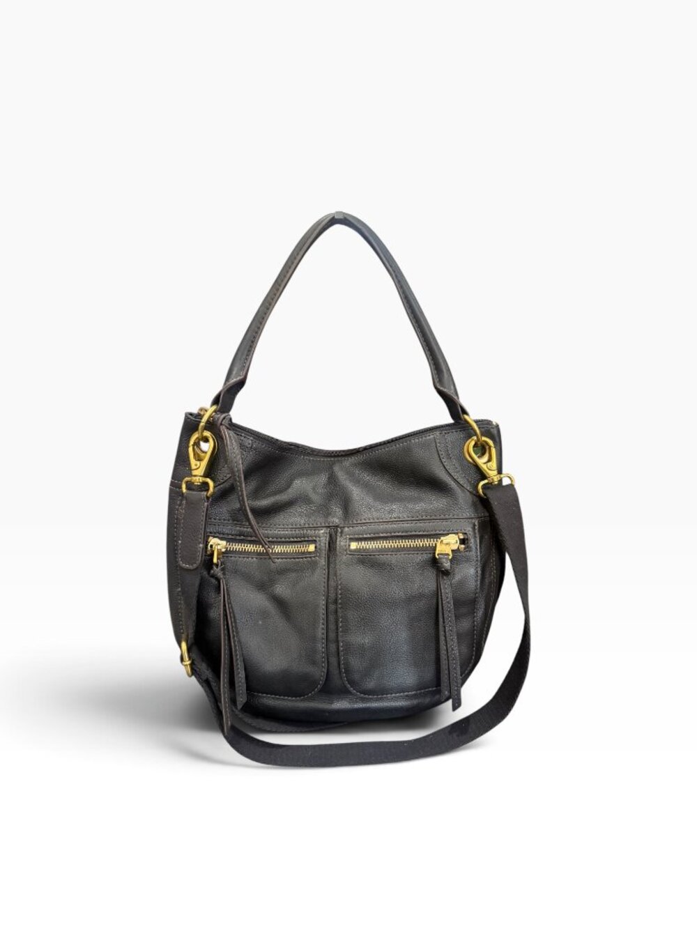 Fossil Black Pebbled Leather Double Front Zipper Pocket Shoulder bag